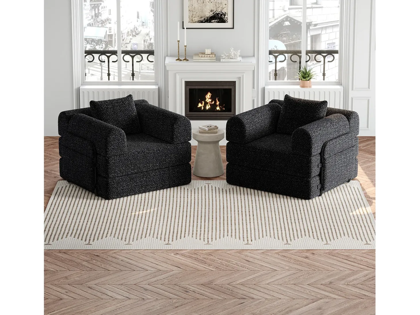 Sofá-cama de 2 lugares com conversão rápida em tecido chenille preto - Várias combinações
