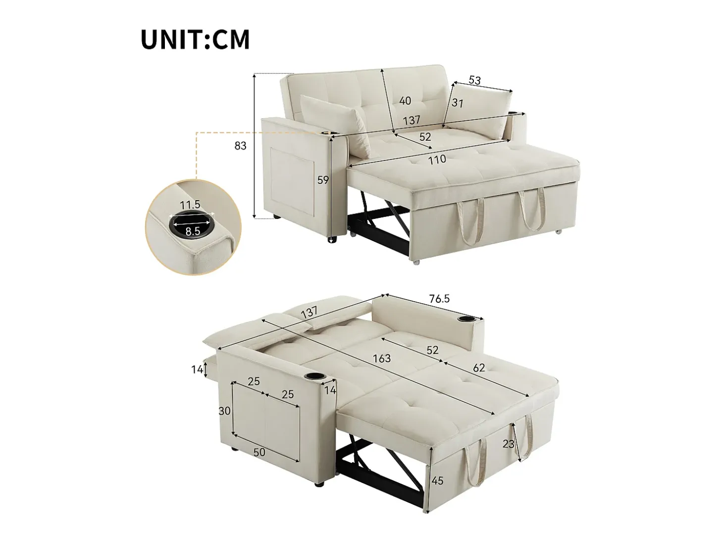 Sofá-cama de 2 lugares com função de cama - Tecido de veludo - Bege
