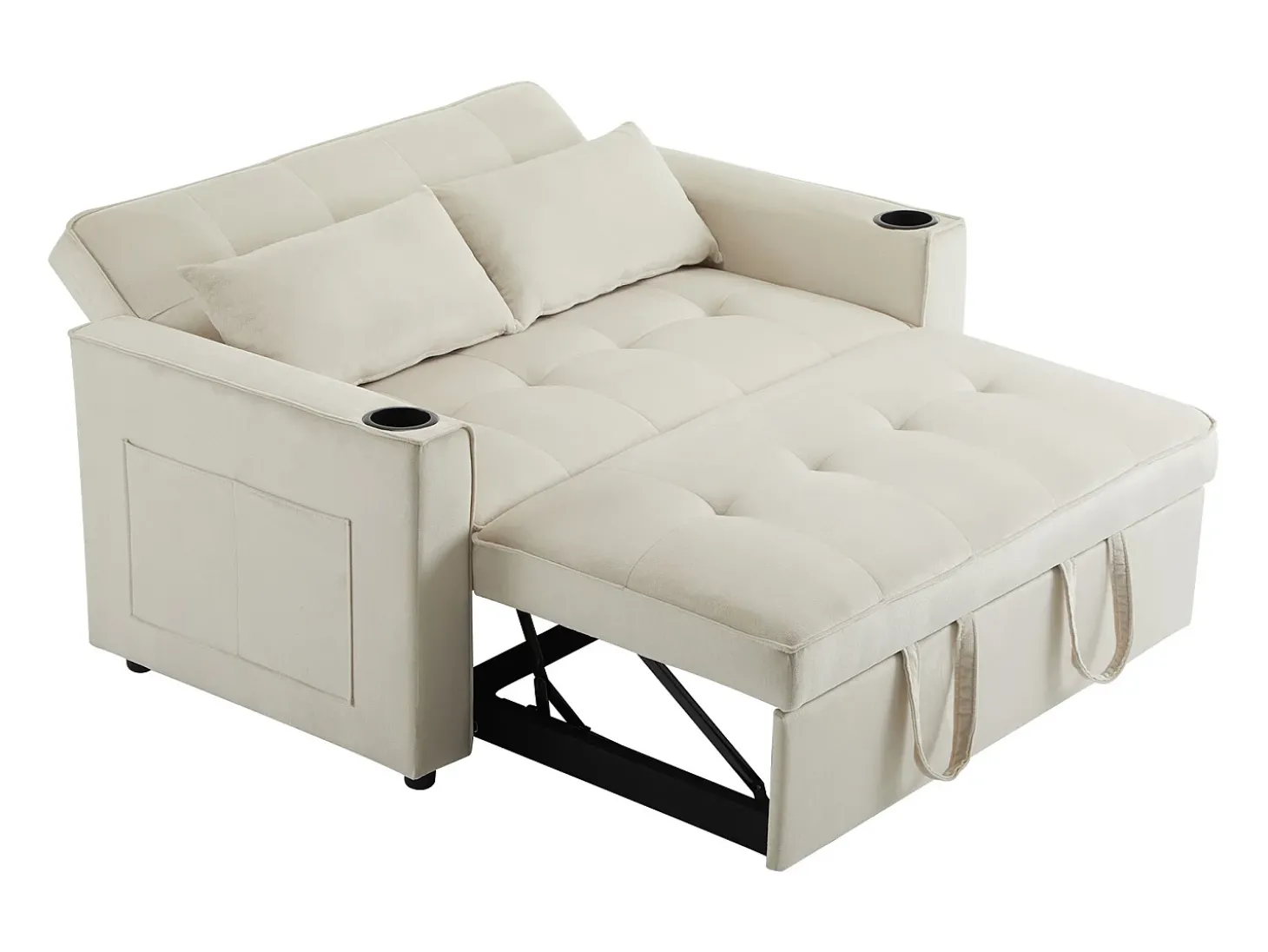 Sofá-cama de 2 lugares com função de cama - Tecido de veludo - Bege