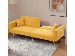 Sofá-cama de 2 lugares com mecanismo click-clack em tecido Sherpa - 175 x 64 x 72 cm - Pés dourados - Amarelo