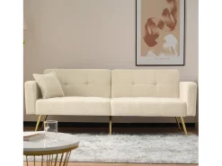 Sofá-cama de 2 lugares com mecanismo click-clack em tecido Sherpa - 175 x 64 x 72 cm - Pés dourados - Bege
