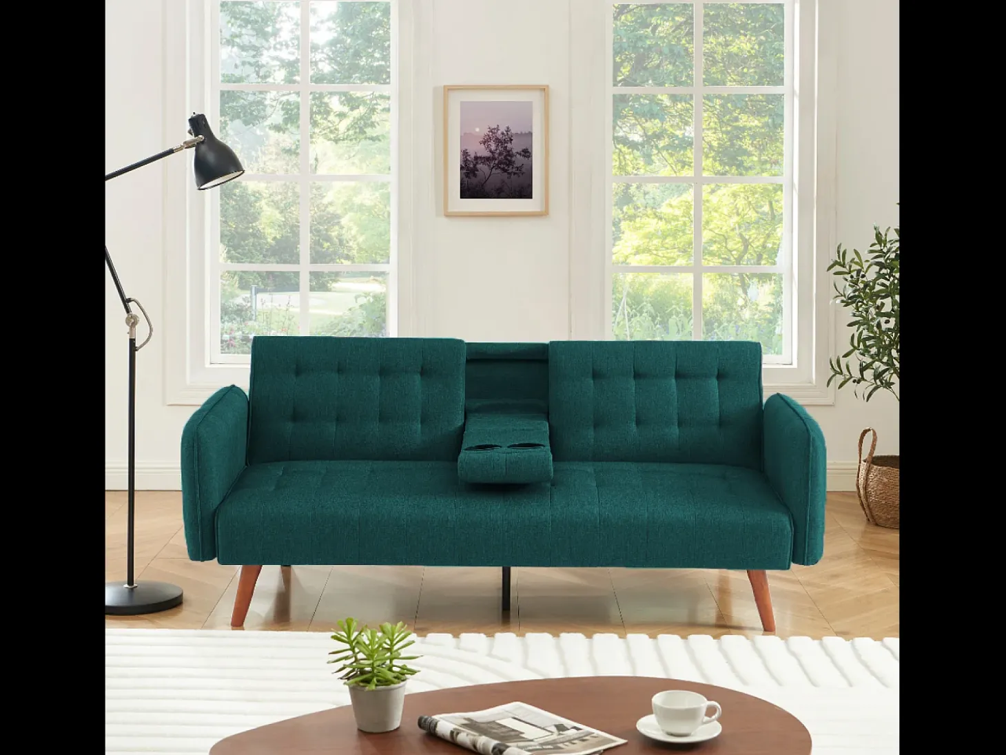 Sofá-cama de 3 lugares conversível verde com mesa central rebatível INVERNESS