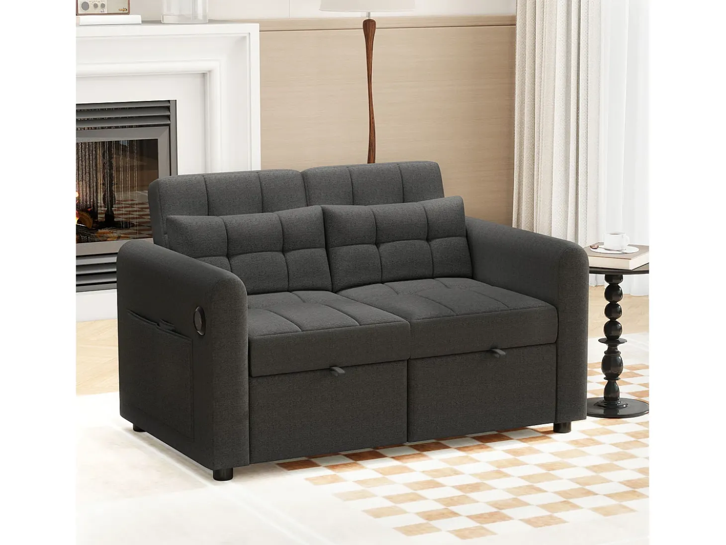 Sofá-cama de 2 lugares em tecido de linho com encosto ajustável e porta USB, sofá-cama - 142 x 85 x 83 cm - Função Sleep - Cinza