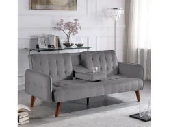 Sofá-cama de 3 lugares em veludo cinza com mesa central - INVERNESS