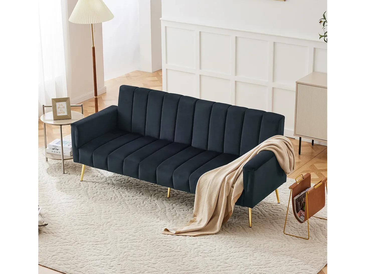 Sofá-cama de 2 lugares em veludo - 183 x 76 x 75 cm - Pés de metal dourado - Preto