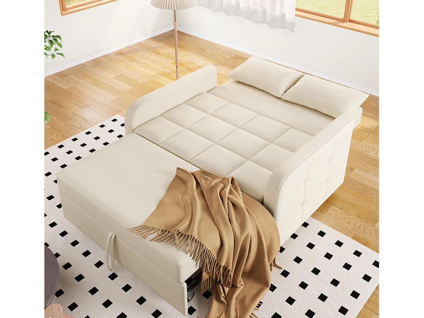 Sofá-cama de 2 lugares, sofá-cama dobrável em tecido de linho - 127 x 75 x 94 cm - com função dormir - Bege