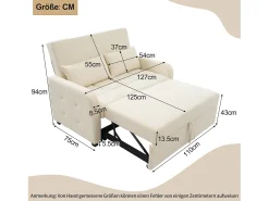 Sofá-cama de 2 lugares, sofá-cama dobrável em tecido de linho - 127 x 75 x 94 cm - com função dormir - Bege
