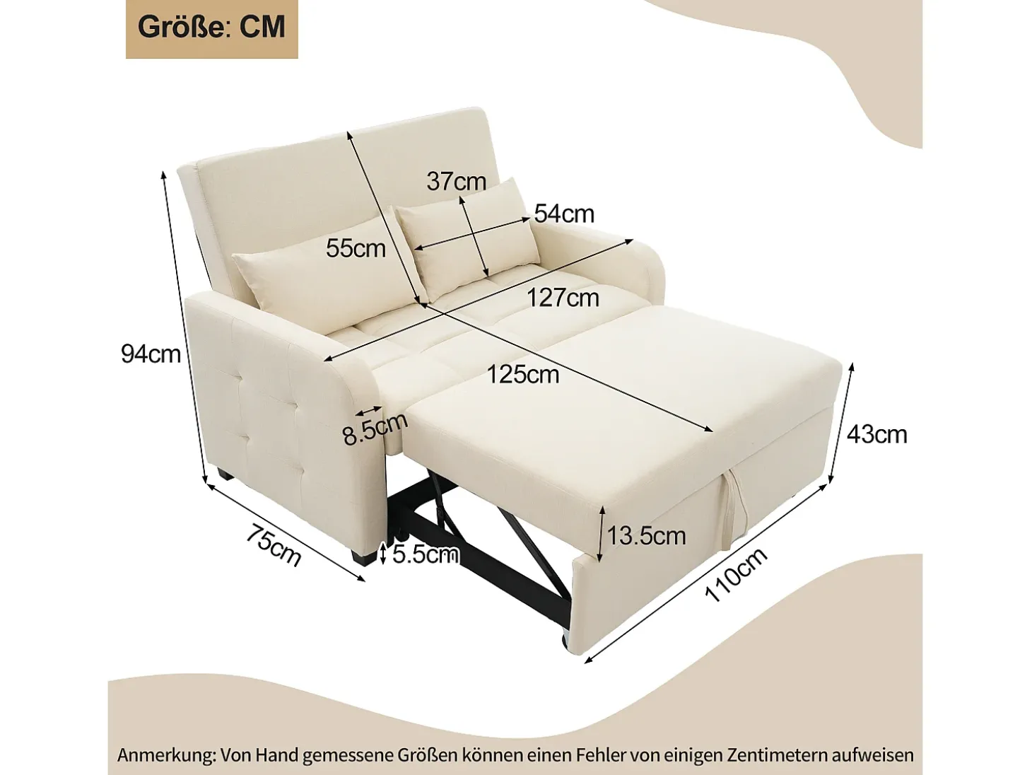 Sofá-cama de 2 lugares, sofá-cama dobrável em tecido de linho - 127 x 75 x 94 cm - com função dormir - Bege