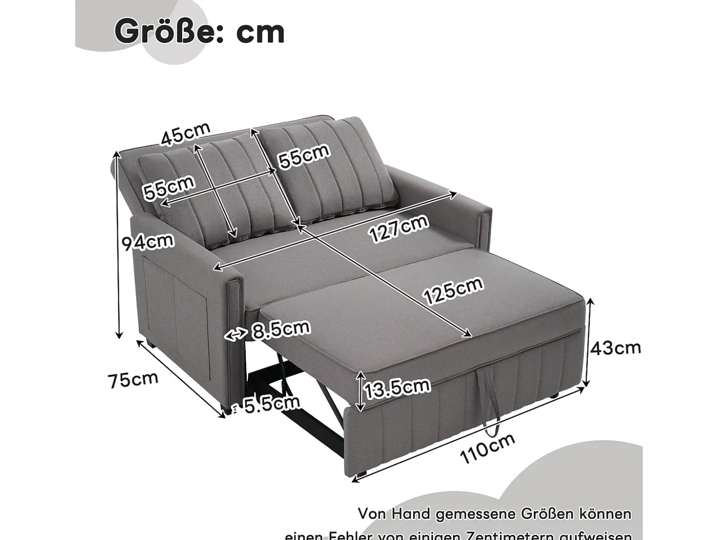 Sofá-cama de 2 lugares, sofá-cama dobrável em tecido de linho - 127 x 75/180 x 94 cm - com função dormir e encosto ajustável - Cinza