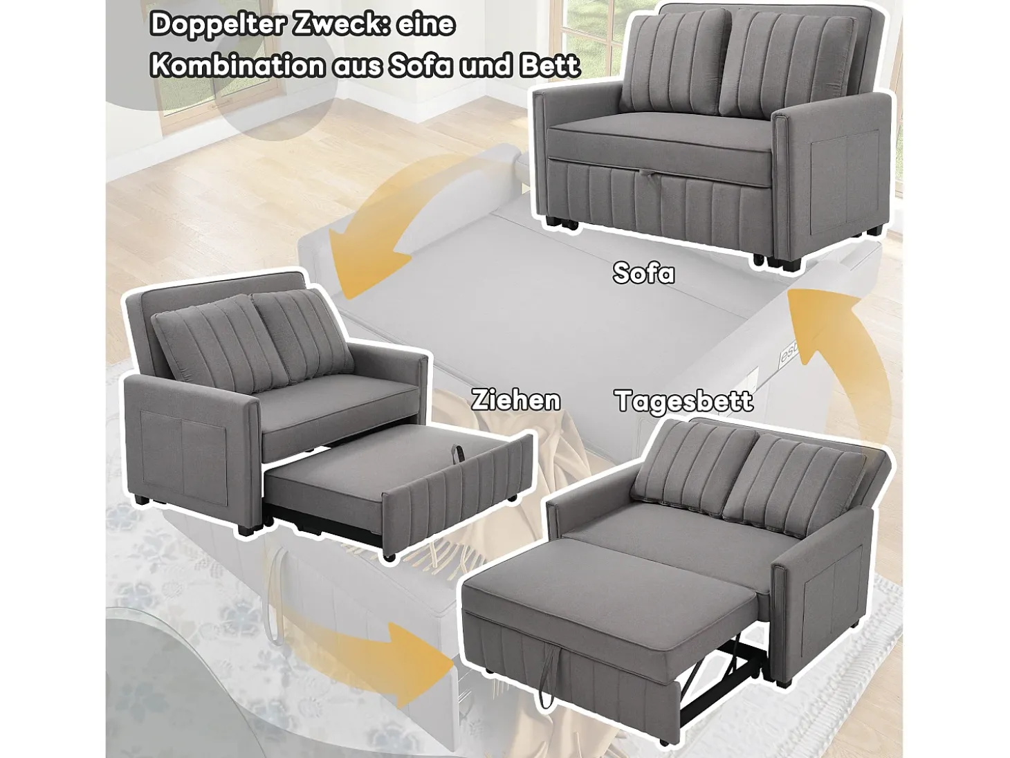 Sofá-cama de 2 lugares, sofá-cama dobrável em tecido de linho - 127 x 75/180 x 94 cm - com função dormir e encosto ajustável - Cinza