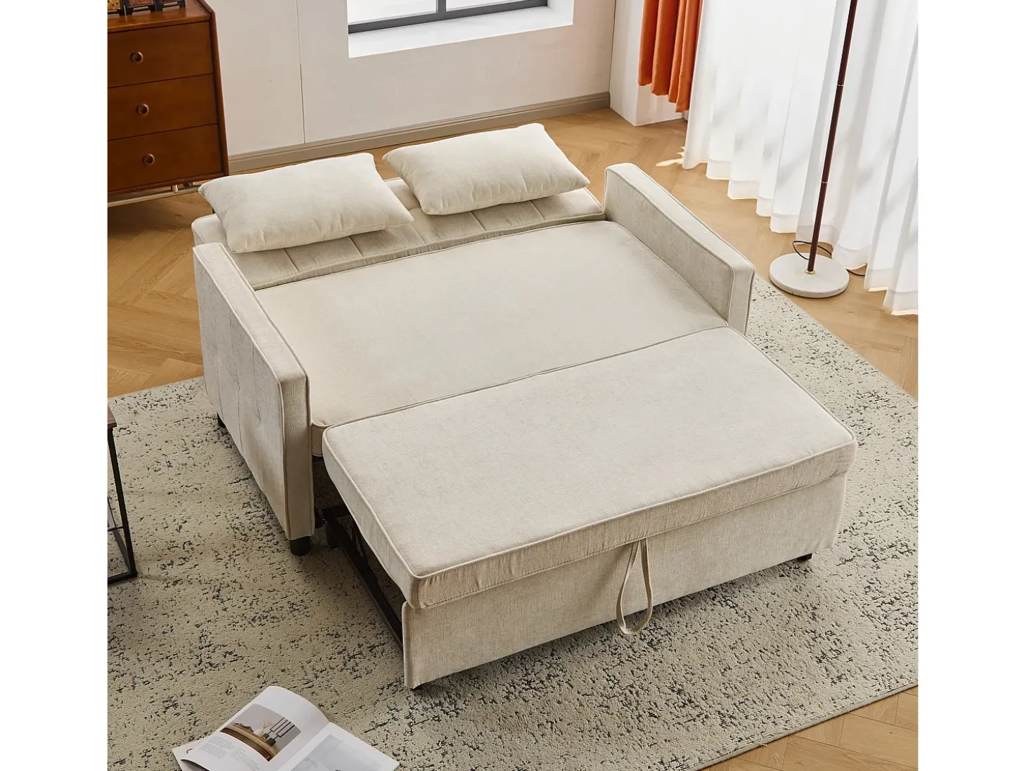 Sofá-cama de 2 lugares, sofá-cama dobrável em tecido chenille - 142 x 79/174 x 85 cm - com função sleep e encosto ajustável - Bege