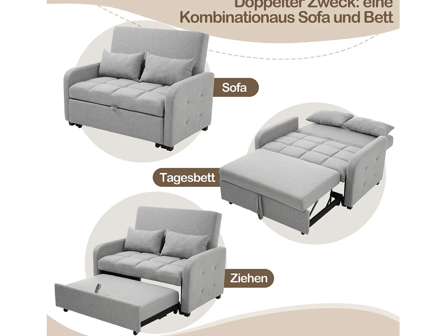 Sofá-cama de 2 lugares, sofá-cama dobrável em tecido de linho - 127 x 75 x 94 cm - com função dormir - Cinza