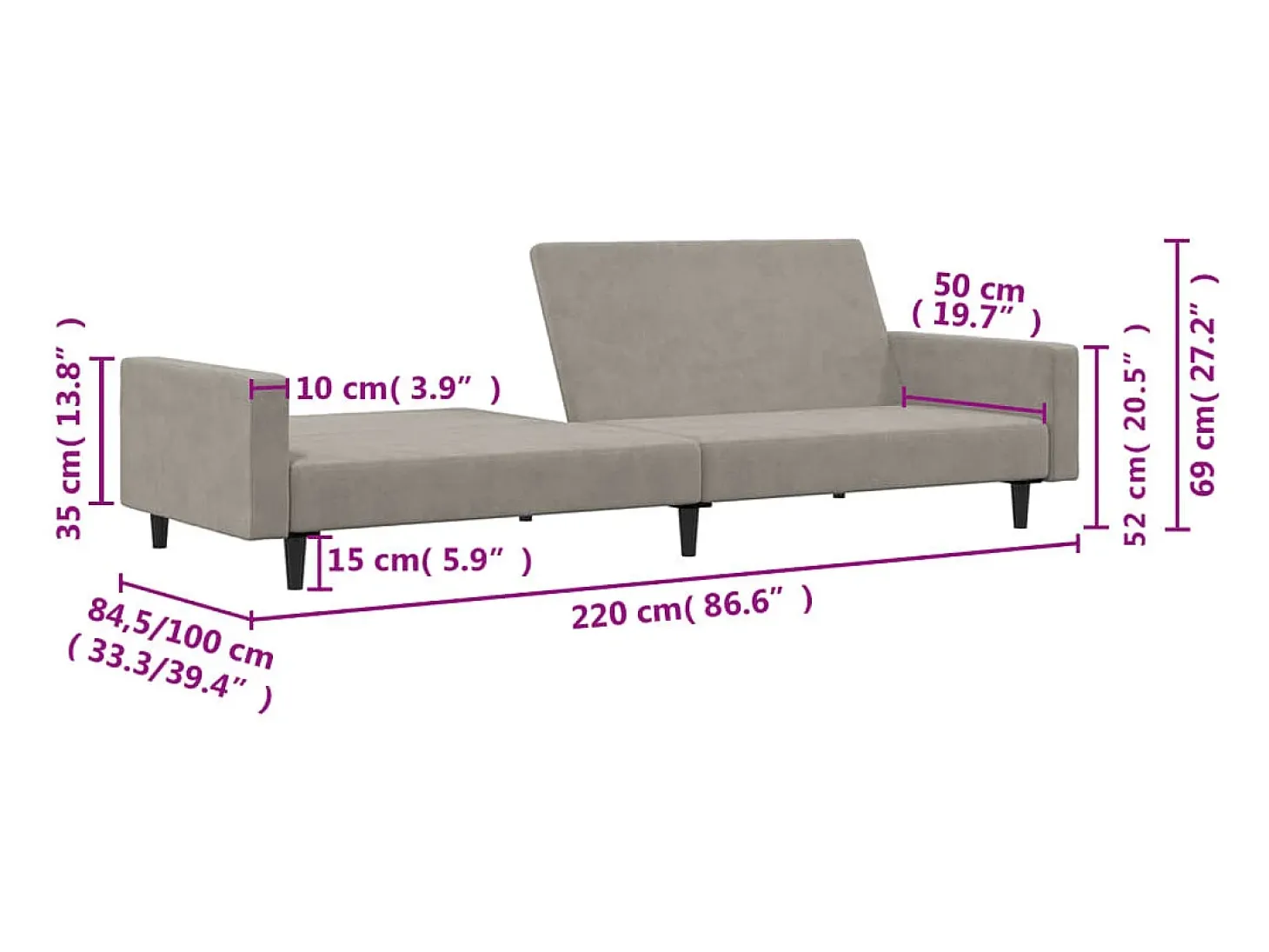 Sofá-cama de 2 lugares veludo cinzento-claro