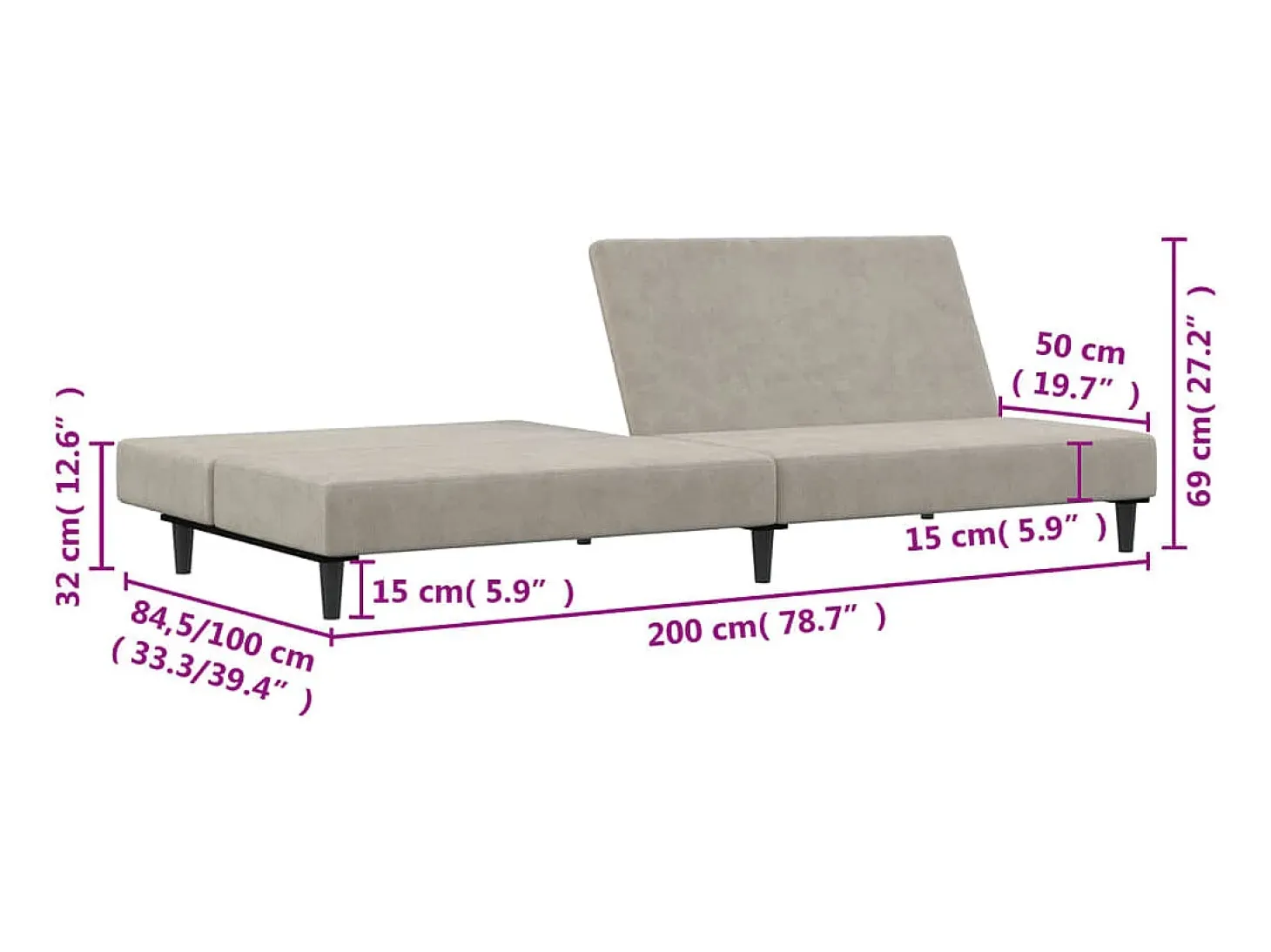 Sofá-cama de 2 lugares veludo cinzento-claro