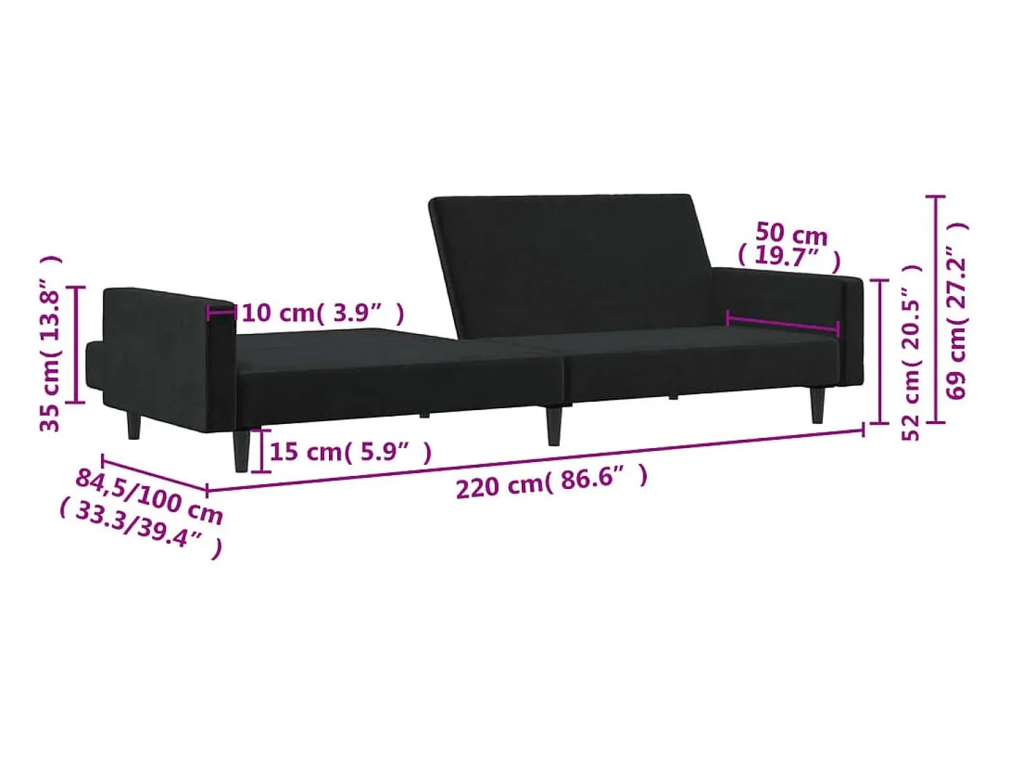 Sofá-cama de 2 lugares veludo preto