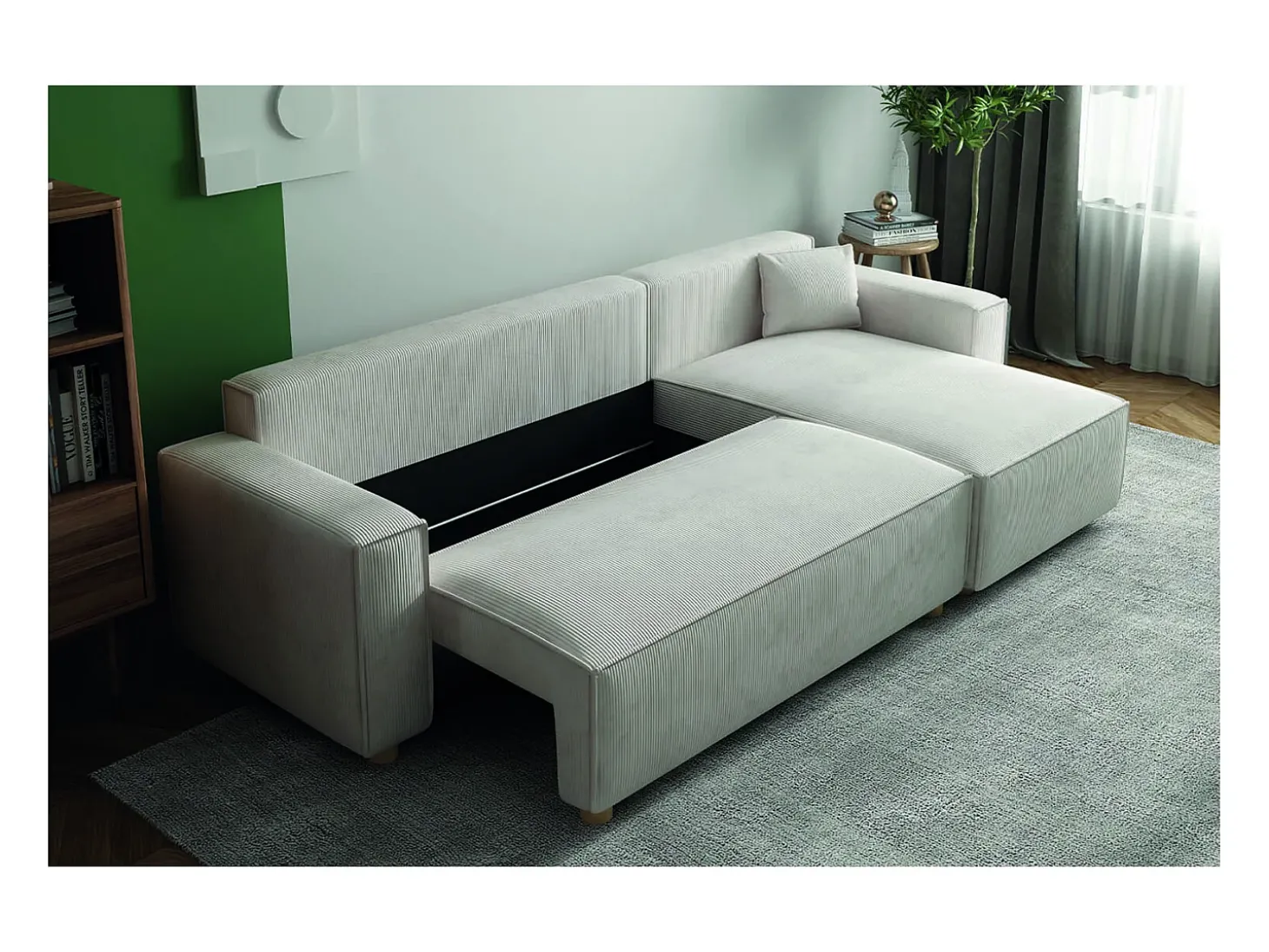 Sofá-Cama de Canto 4 Lugares Veludo Cotelê Bege COSY - Elegante e Versátil