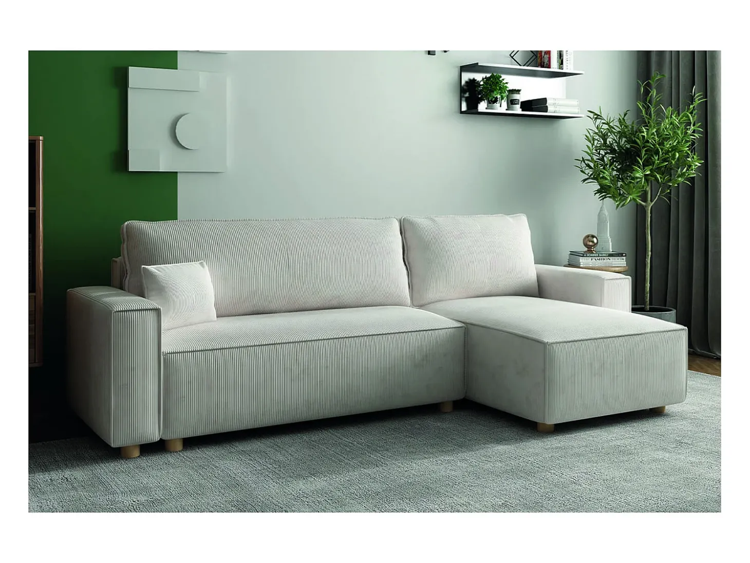 Sofá-Cama de Canto 4 Lugares Veludo Cotelê Bege COSY - Elegante e Versátil