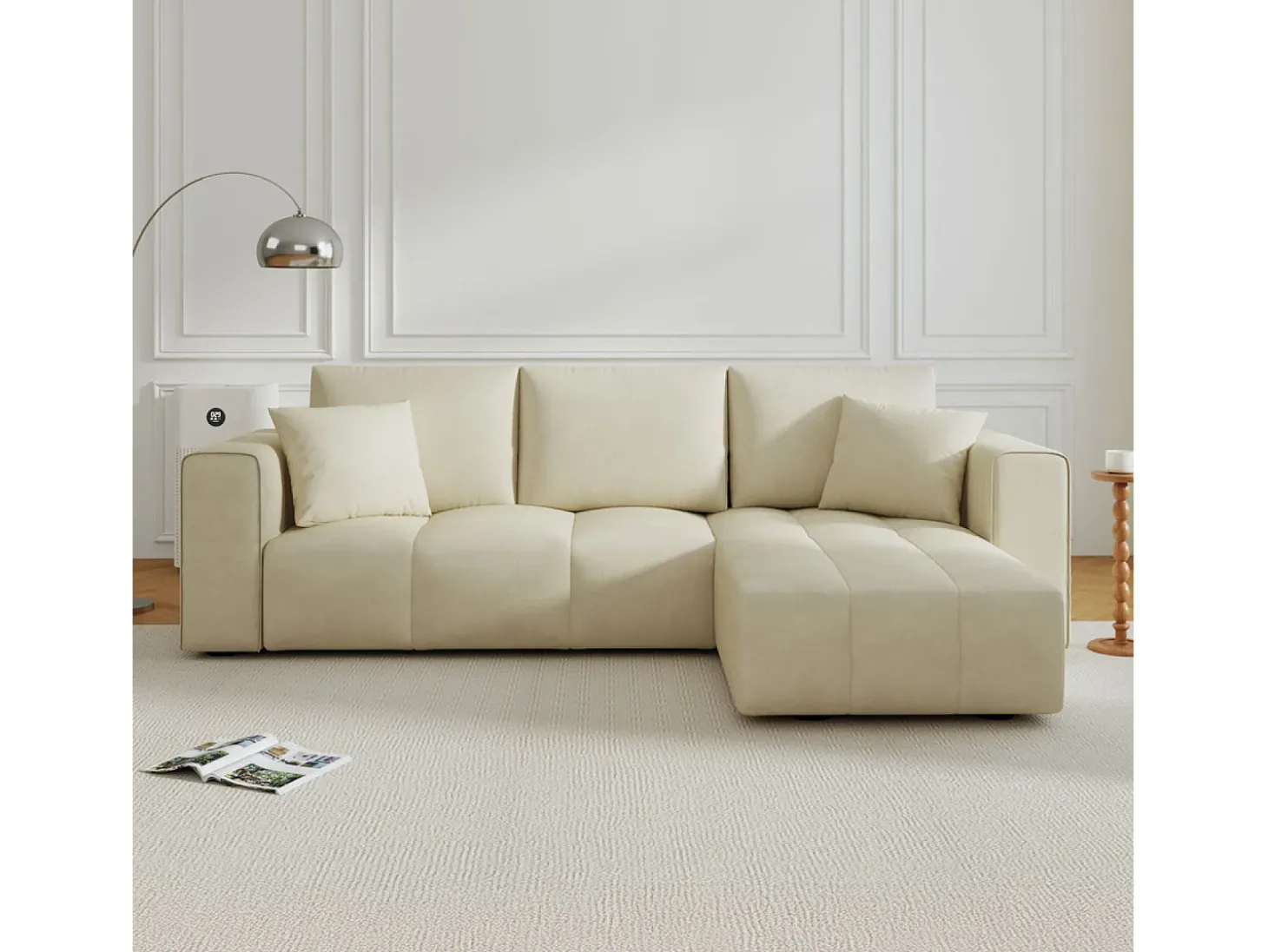 Sofá-cama de canto conversível de 4 lugares em veludo bege BRIGHTON com baú - Estilo contemporâneo, estrutura em madeira maciça