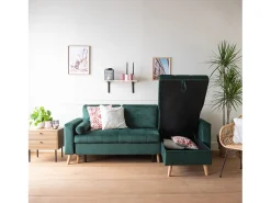 Sofá-cama de canto de 3 lugares JAMES em veludo verde