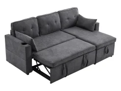 Sofá-cama de canto de 3 lugares com suporte para copos e espaço de arrumação - Tecido de algodão e linho cinzento
