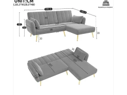 Sofá-cama de canto de 3 lugares com chaise longue e encosto ajustável - Veludo cinzento