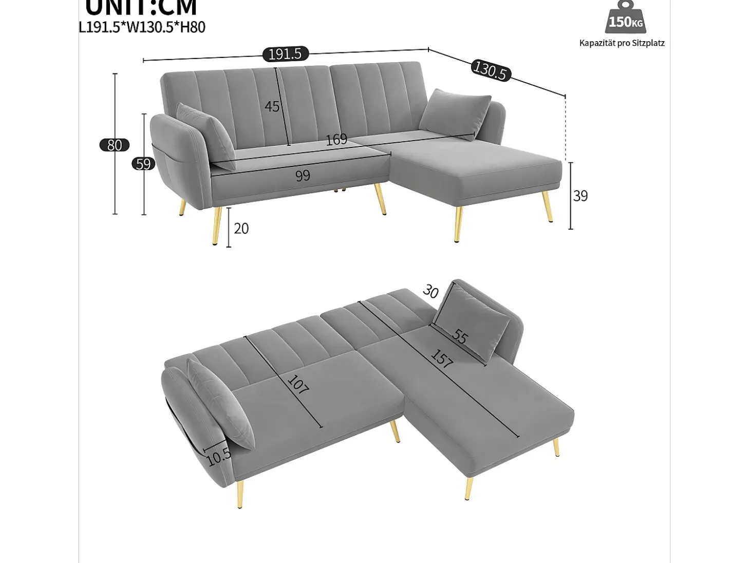 Sofá-cama de canto de 3 lugares com chaise longue e encosto ajustável - Veludo cinzento