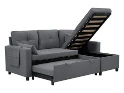 Sofá-cama de canto de 3 lugares em linho cinzento - Com compartimento de arrumação e suporte para copos embutido.