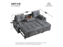 Sofá-cama de canto de 3 lugares em linho cinzento - Com compartimento de arrumação e suporte para copos embutido.