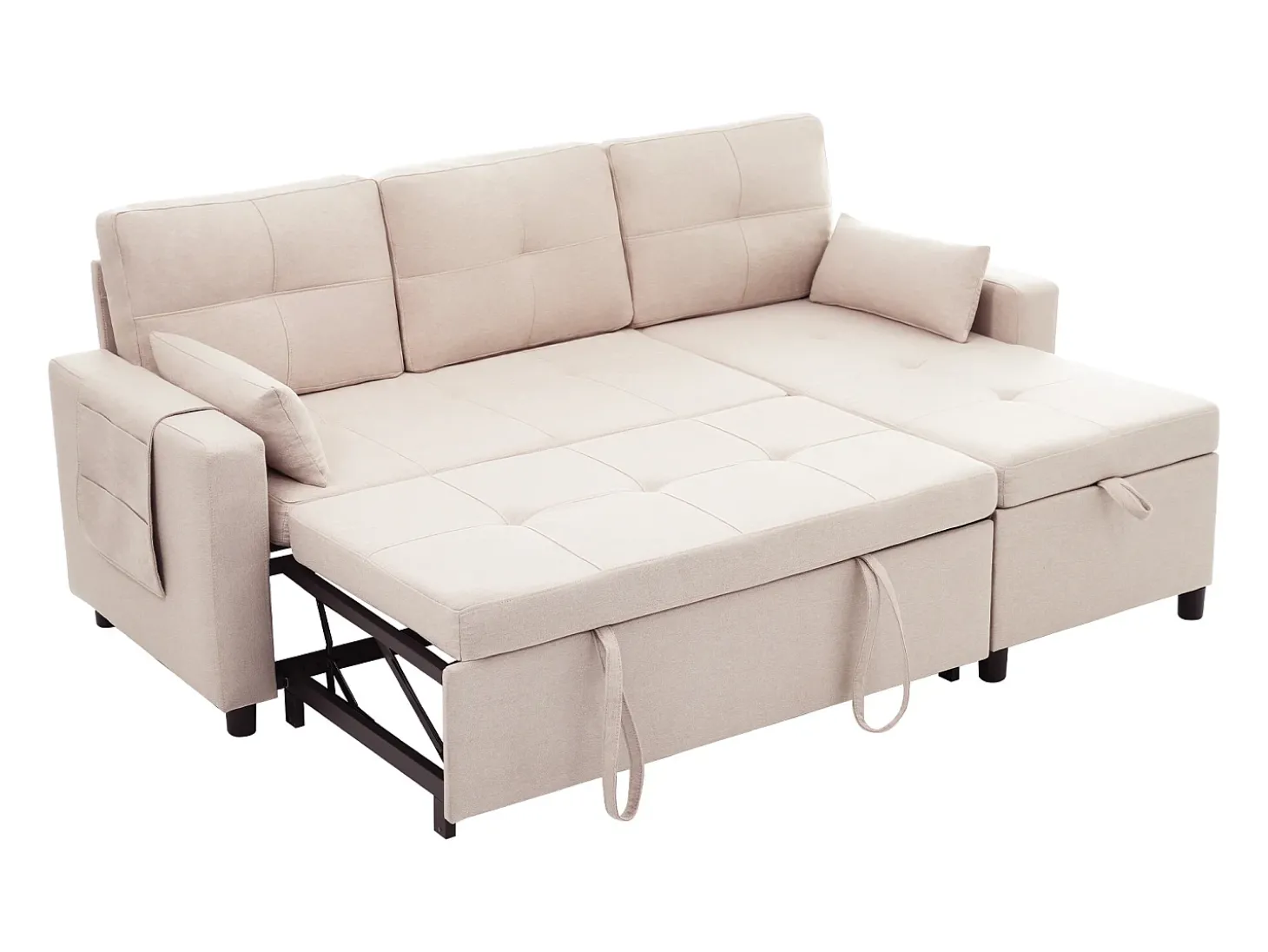 Sofá-cama de canto de 3 lugares em linho bege - Com compartimento de arrumação e suporte para copos embutido.