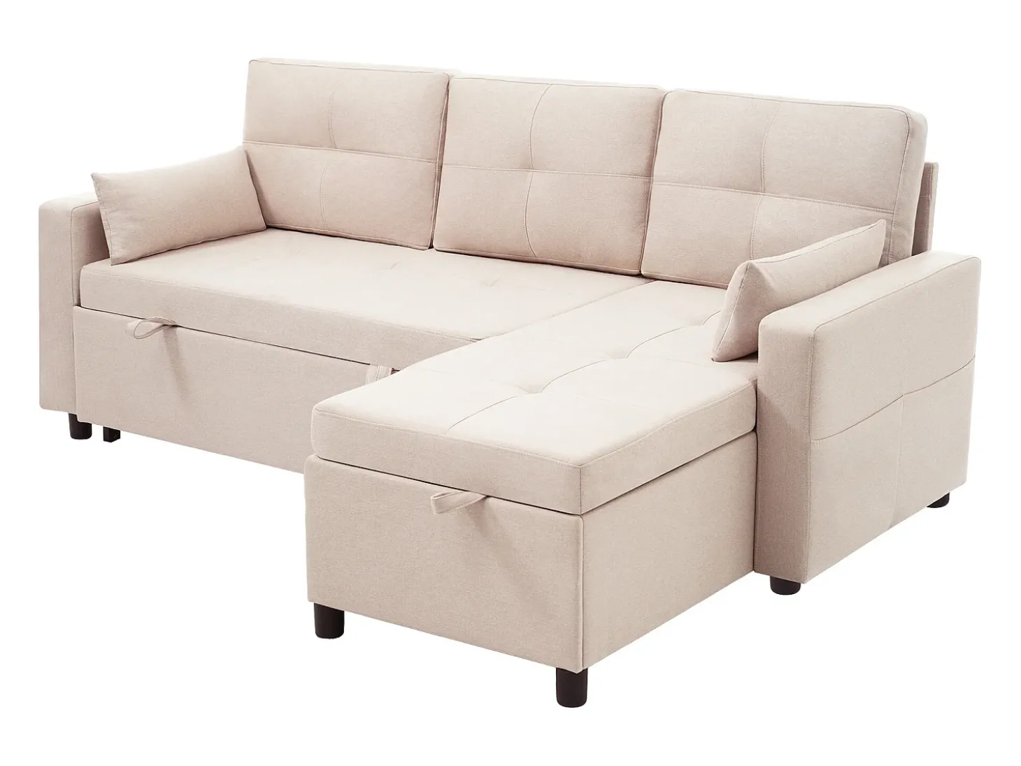 Sofá-cama de canto de 3 lugares em linho bege - Com compartimento de arrumação e suporte para copos embutido.