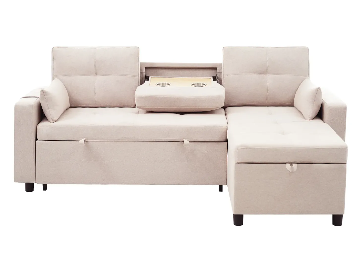 Sofá-cama de canto de 3 lugares em linho bege - Com compartimento de arrumação e suporte para copos embutido.