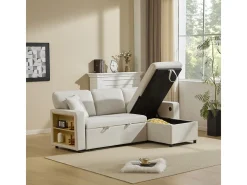 Sofá-cama de canto em formato de L com espaço de armazenamento e prateleira, bege