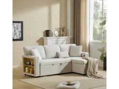 Sofá-cama de canto em formato de L com espaço de armazenamento e prateleira, bege