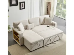 Sofá-cama de canto em formato de L com espaço de armazenamento e prateleira, bege