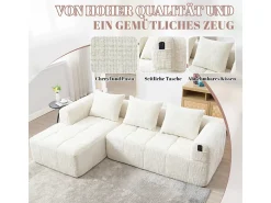 Sofá-cama de canto em tecido Chenille - 3 lugares - com 3 almofadas - Bege - 250x158x60cm