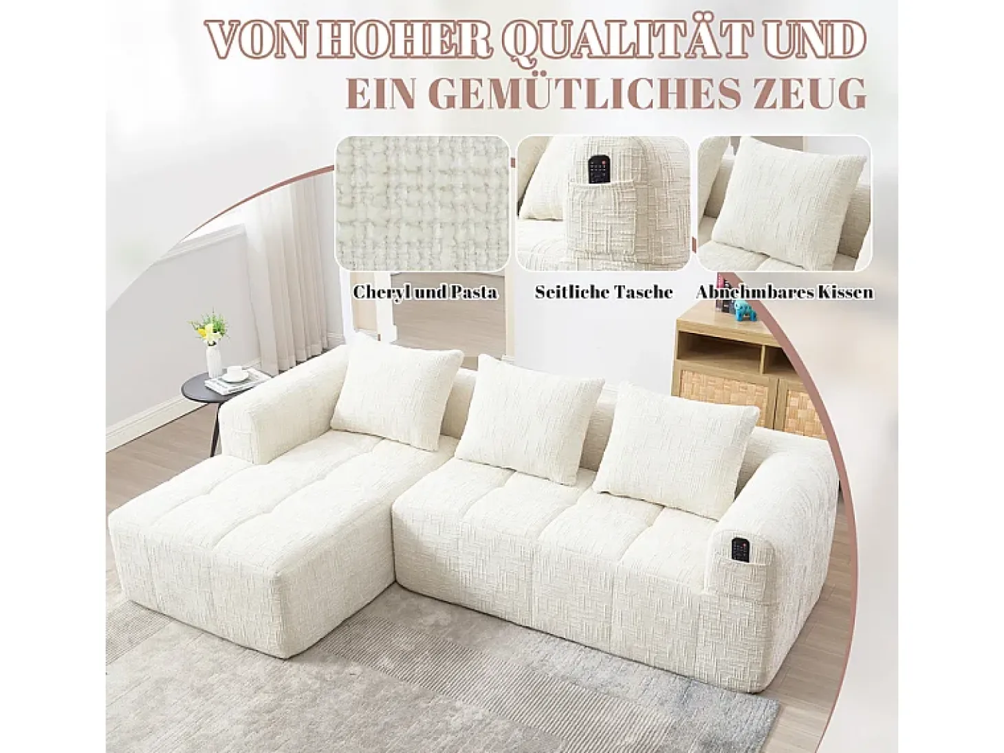 Sofá-cama de canto em tecido Chenille - 3 lugares - com 3 almofadas - Bege - 250x158x60cm