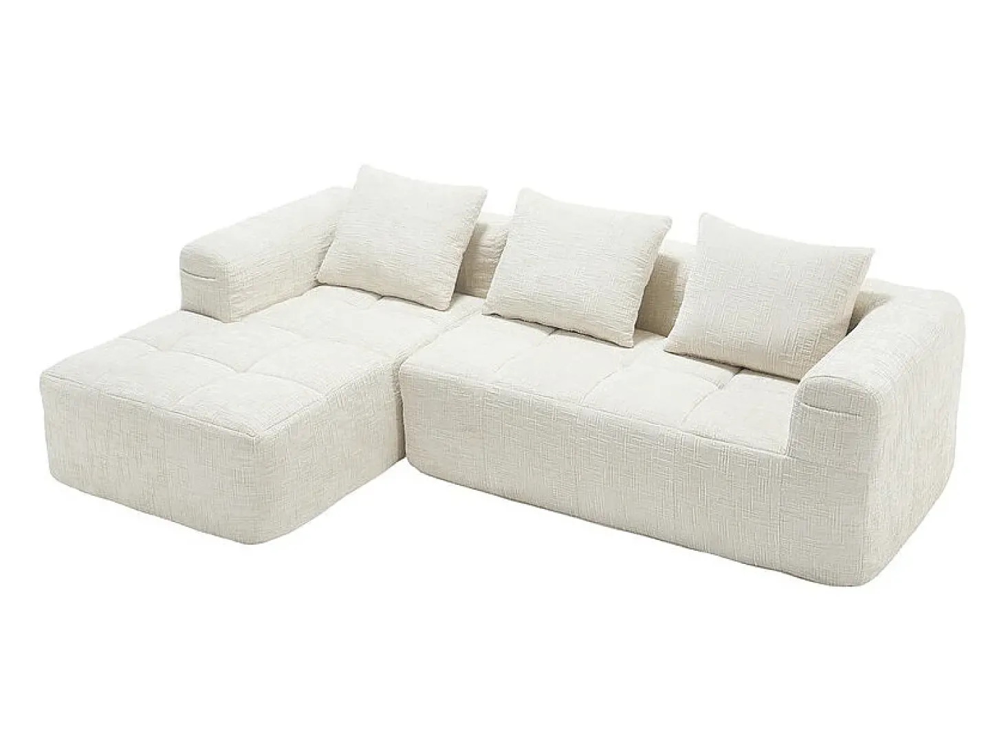 Sofá-cama de canto em tecido Chenille - 3 lugares - com 3 almofadas - Bege - 250x158x60cm