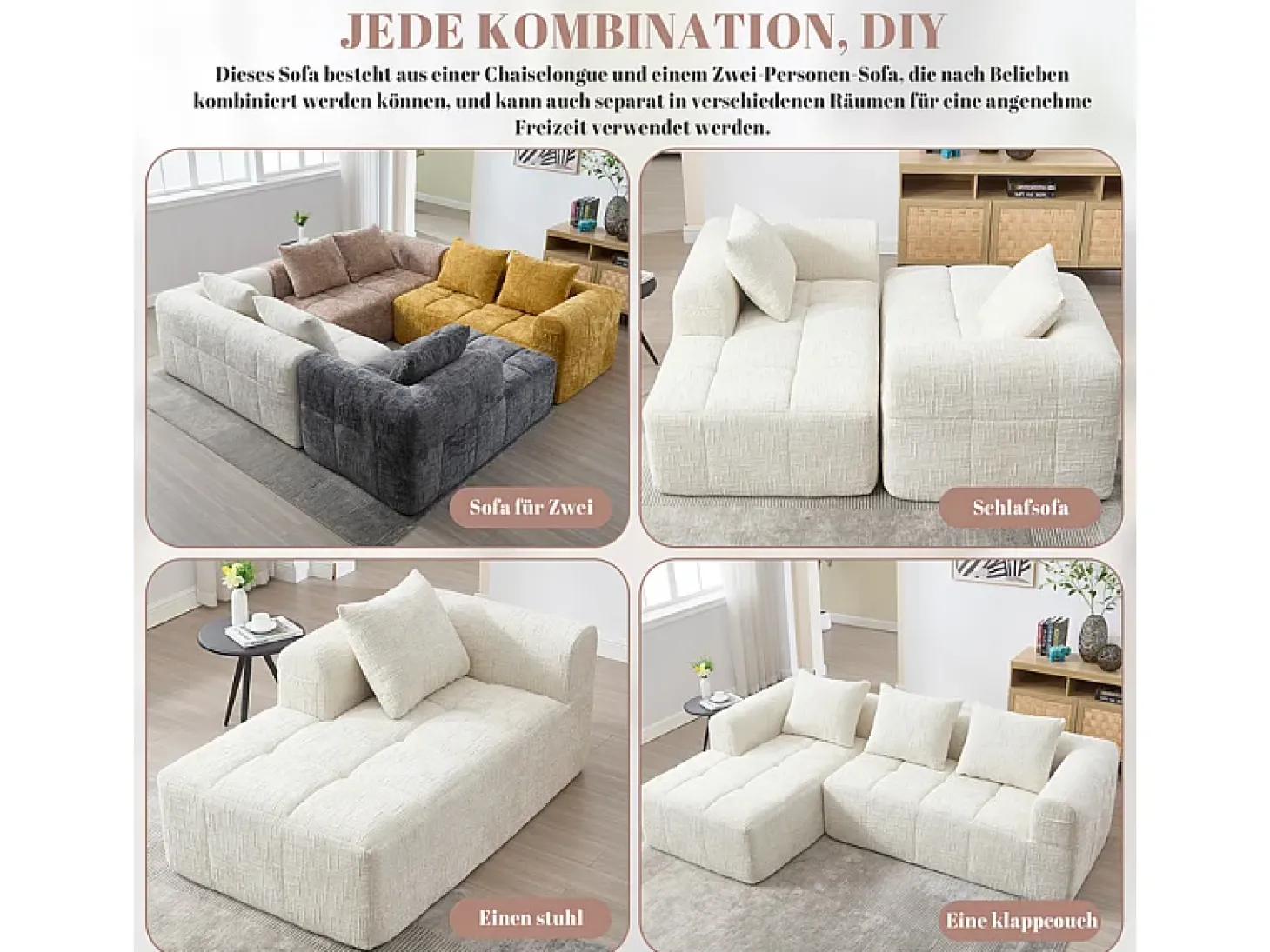 Sofá-cama de canto em tecido Chenille - 3 lugares - com 3 almofadas - Bege - 250x158x60cm