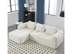 Sofá-cama de canto em tecido Chenille - 3 lugares - com 3 almofadas - Bege - 250x158x60cm