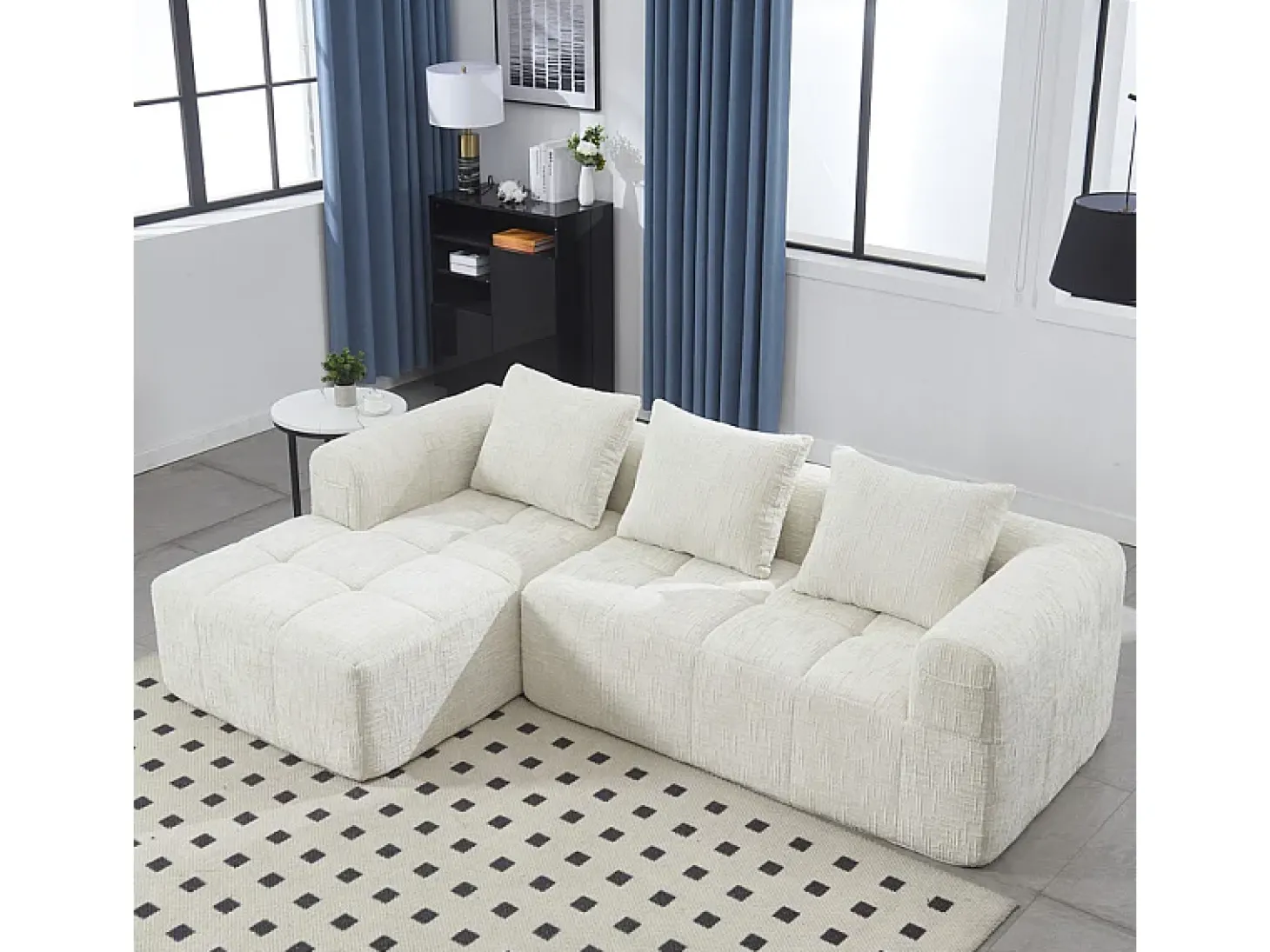 Sofá-cama de canto em tecido Chenille - 3 lugares - com 3 almofadas - Bege - 250x158x60cm