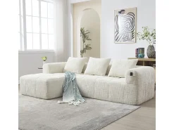 Sofá-cama de canto em tecido Chenille - 3 lugares - com 3 almofadas - Bege - 250x158x60cm