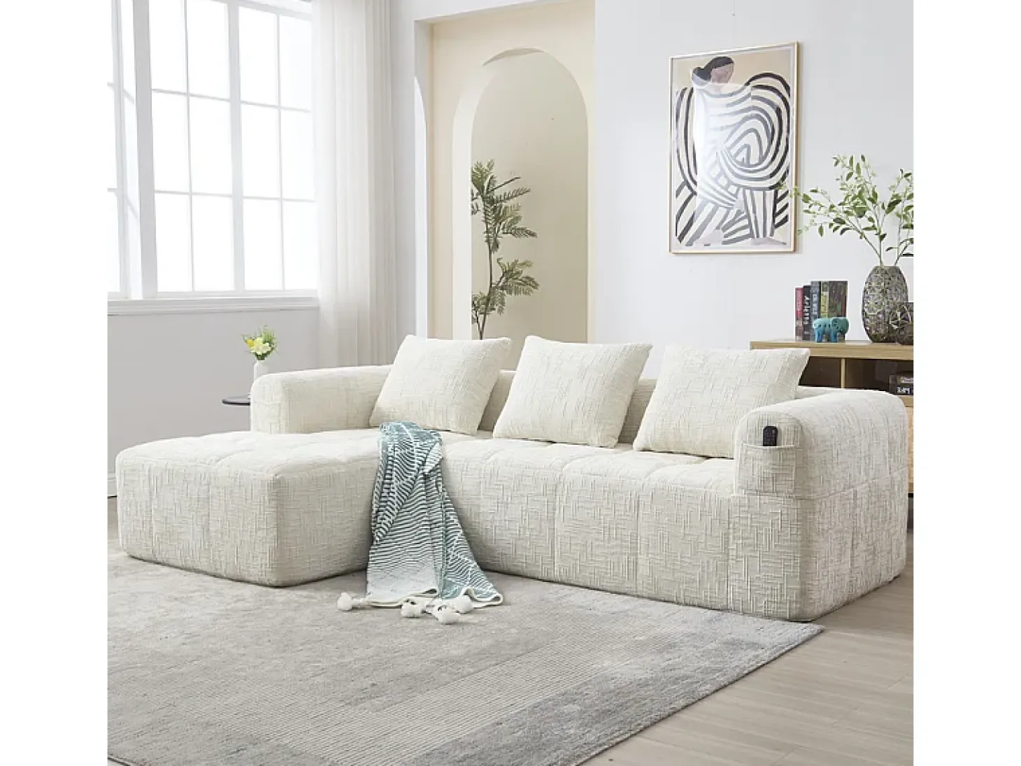 Sofá-cama de canto em tecido Chenille - 3 lugares - com 3 almofadas - Bege - 250x158x60cm