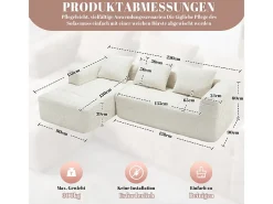 Sofá-cama de canto em tecido Chenille - 3 lugares - com 3 almofadas - Bege - 250x158x60cm