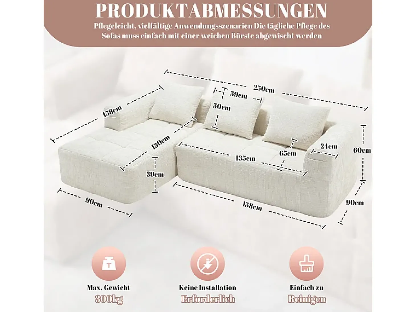 Sofá-cama de canto em tecido Chenille - 3 lugares - com 3 almofadas - Bege - 250x158x60cm