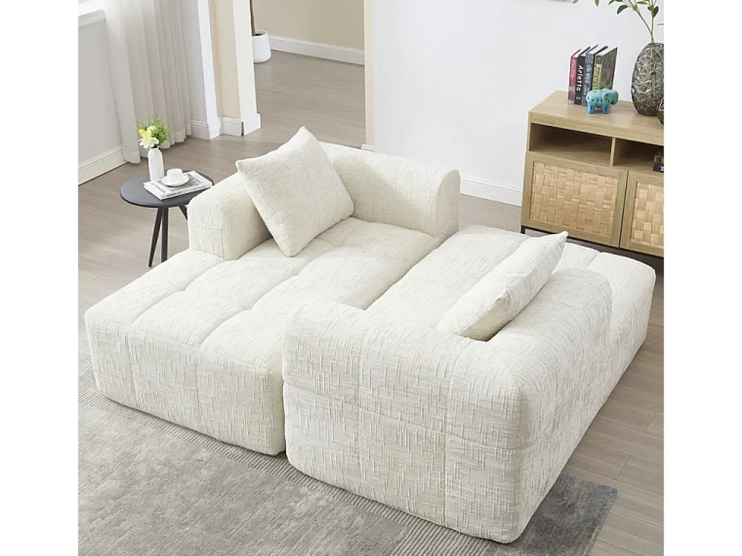 Sofá-cama de canto em tecido Chenille - 3 lugares - com 3 almofadas - Bege - 250x158x60cm