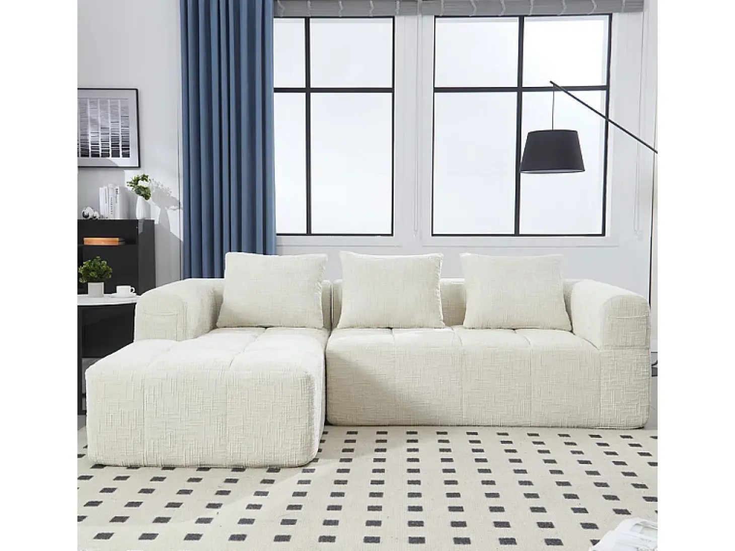 Sofá-cama de canto em tecido Chenille - 3 lugares - com 3 almofadas - Bege - 250x158x60cm