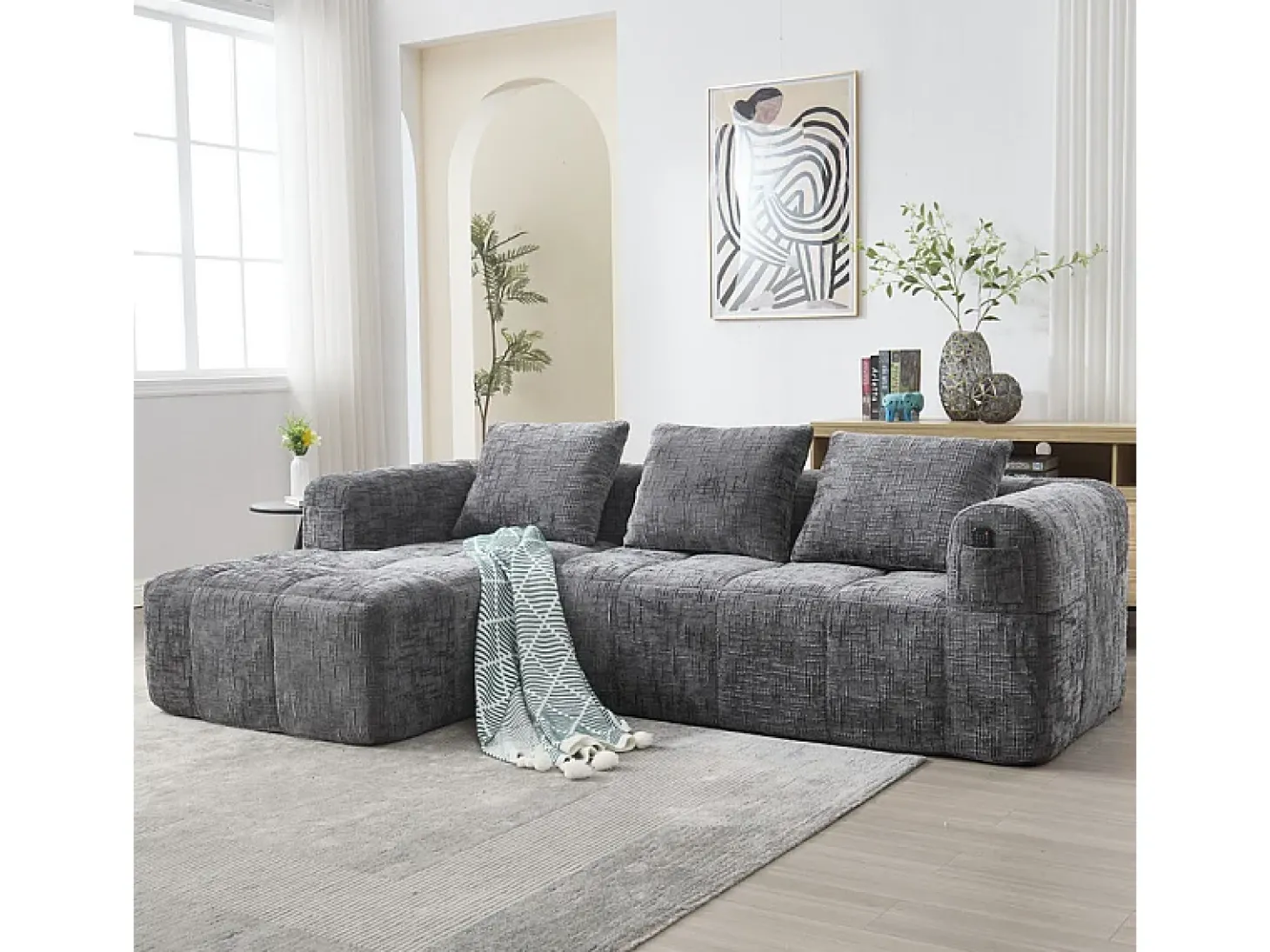Sofá-cama de canto em tecido Chenille - 3 lugares - com 3 almofadas - Cinza - 250x158x60cm