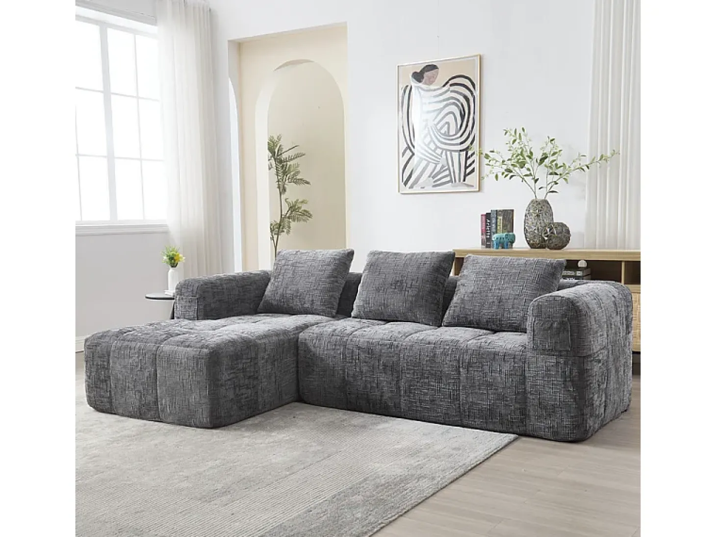 Sofá-cama de canto em tecido Chenille - 3 lugares - com 3 almofadas - Cinza - 250x158x60cm