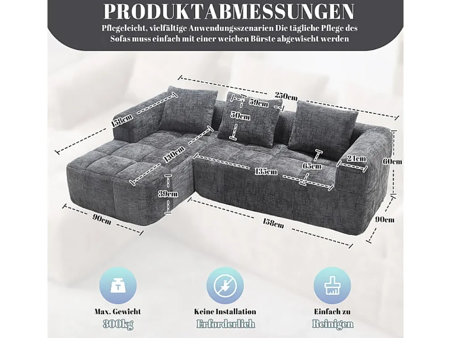Sofá-cama de canto em tecido Chenille - 3 lugares - com 3 almofadas - Cinza - 250x158x60cm
