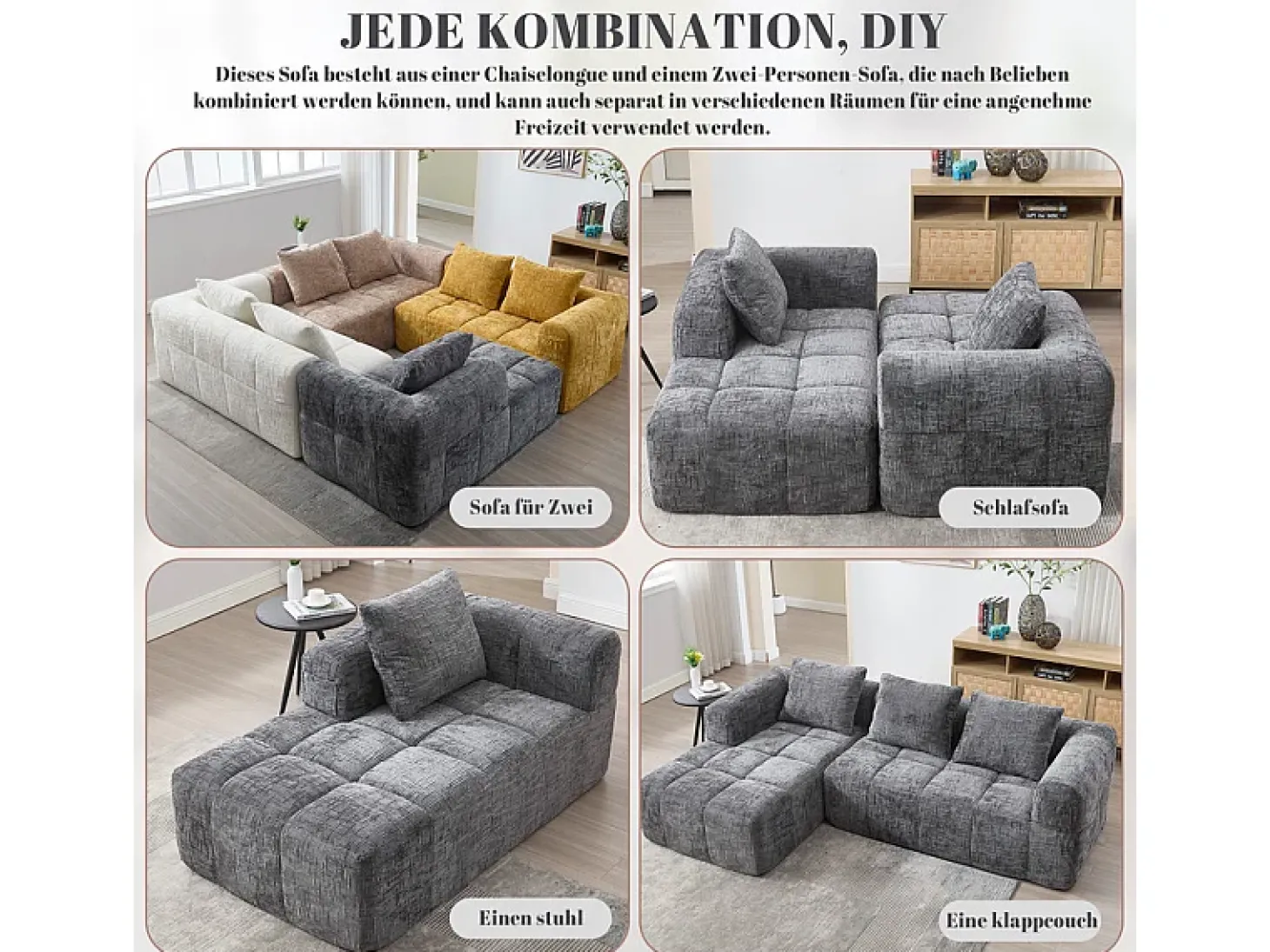 Sofá-cama de canto em tecido Chenille - 3 lugares - com 3 almofadas - Cinza - 250x158x60cm